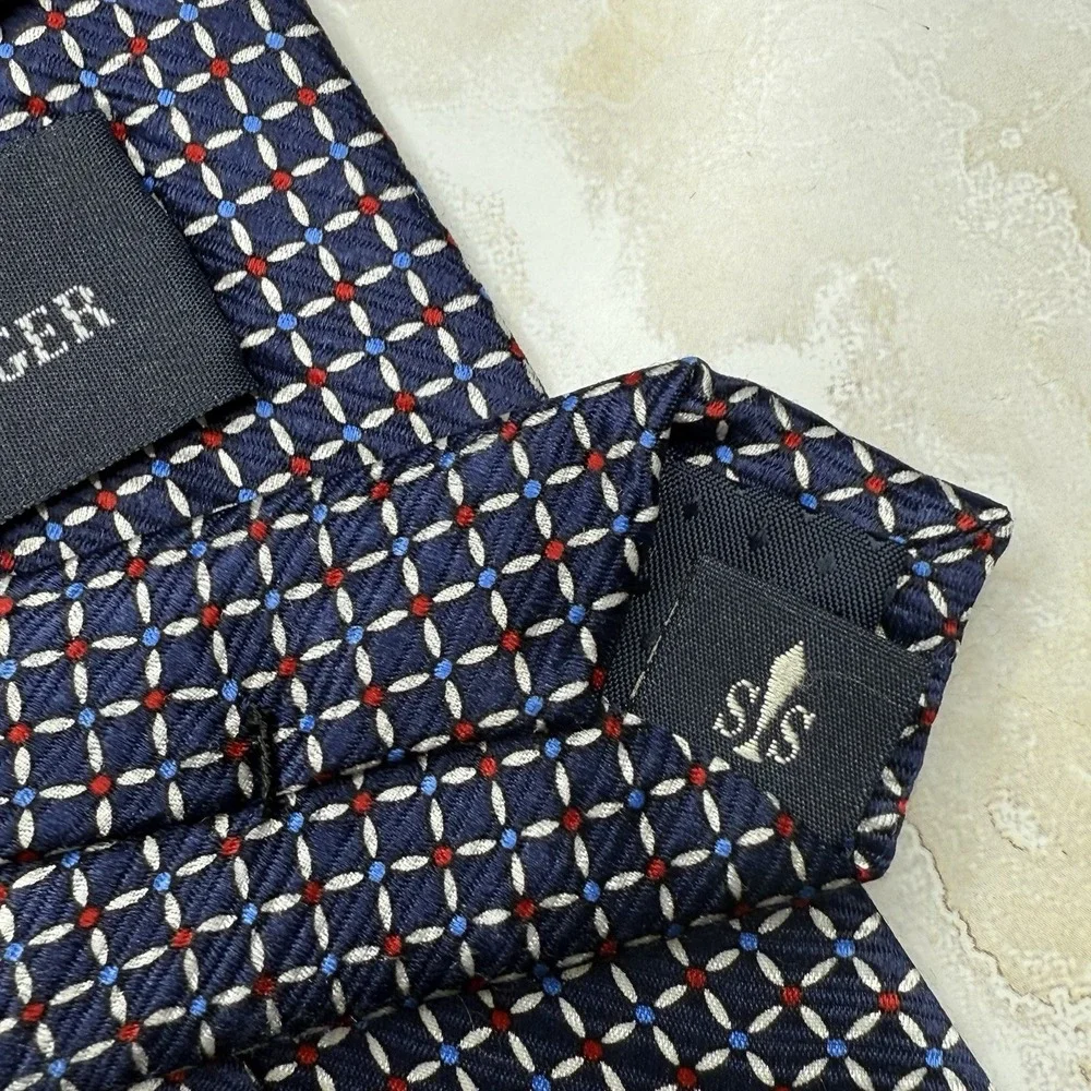 Shore & Singer Navy Geometric Square Navy Silk Tie‎ 3 5/8